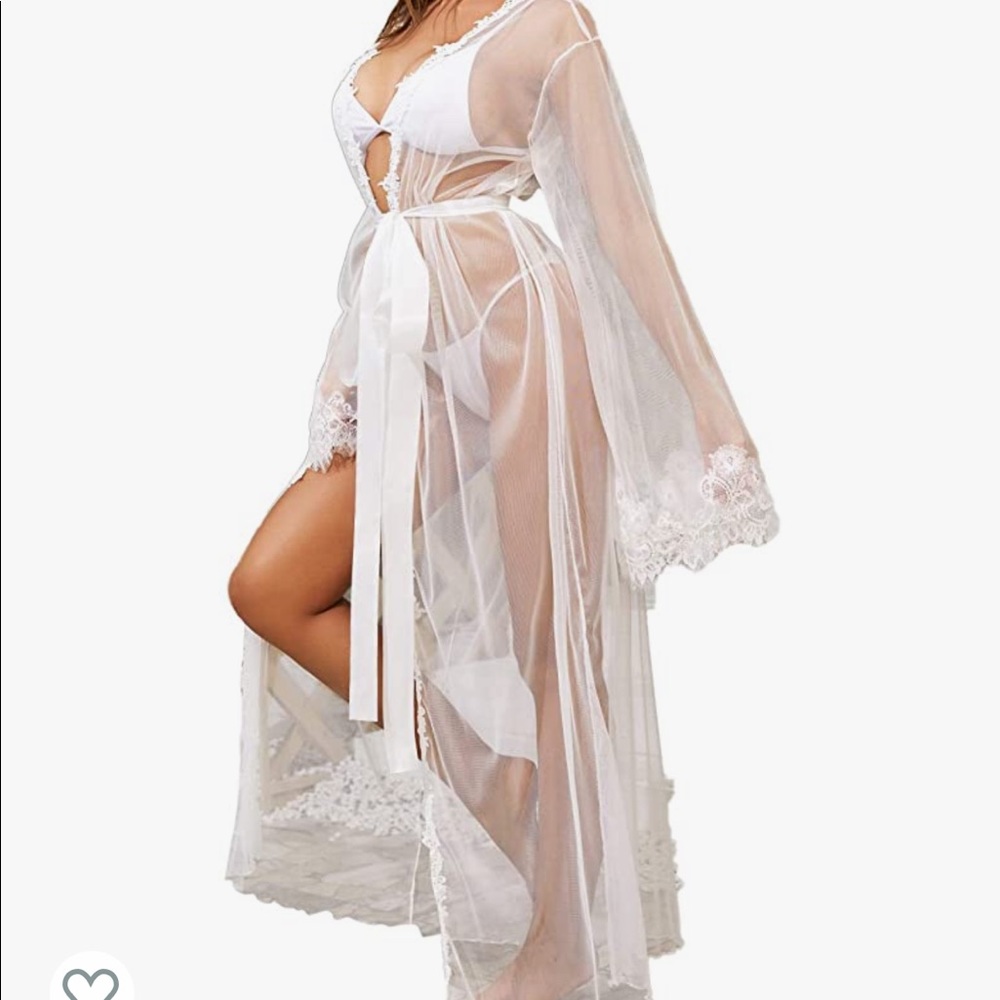 Sheer bridal robe with belt and lace trim and satin slip